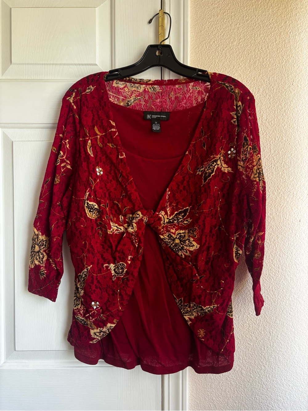 INC International Concepts Red Floral Lace Knot-Front Layered Blouse 2XL